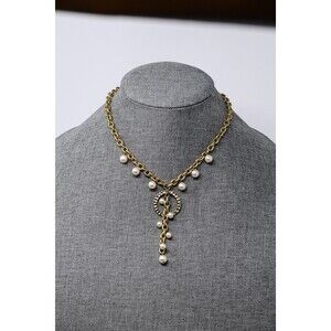 Gold Tone faux pearl drop dangle necklace circle